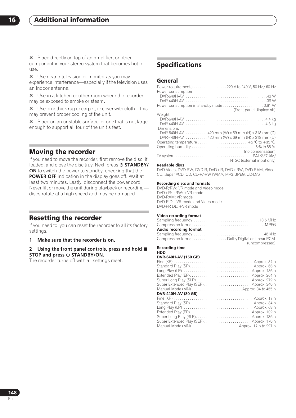 Additional information 16, Moving the recorder, Resetting the recorder | Specifications | Pioneer RCS-606H User Manual | Page 148 / 152