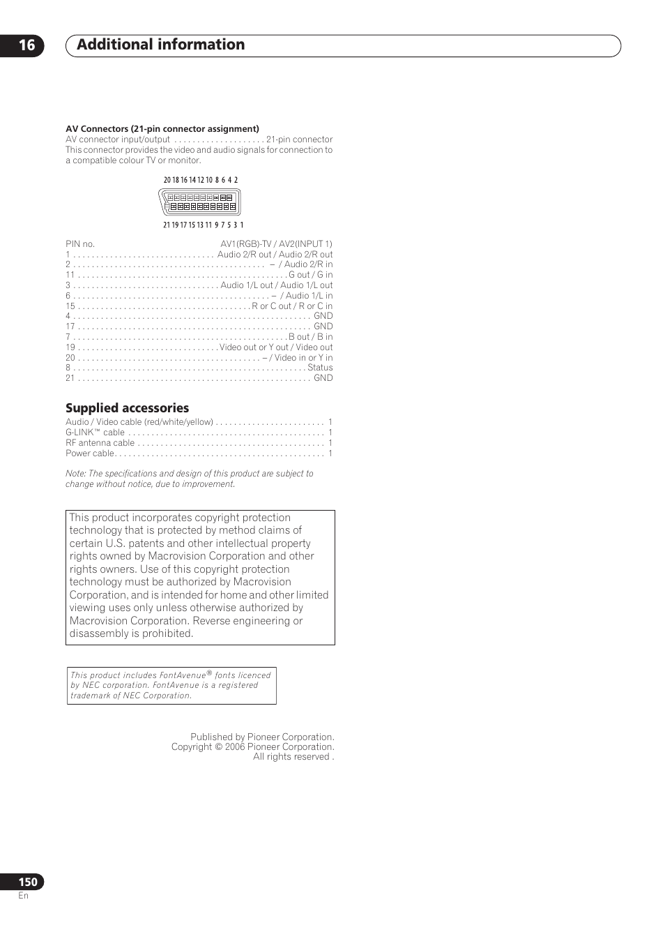 Additional information 16, Supplied accessories | Pioneer RCS-606H User Manual | Page 150 / 152