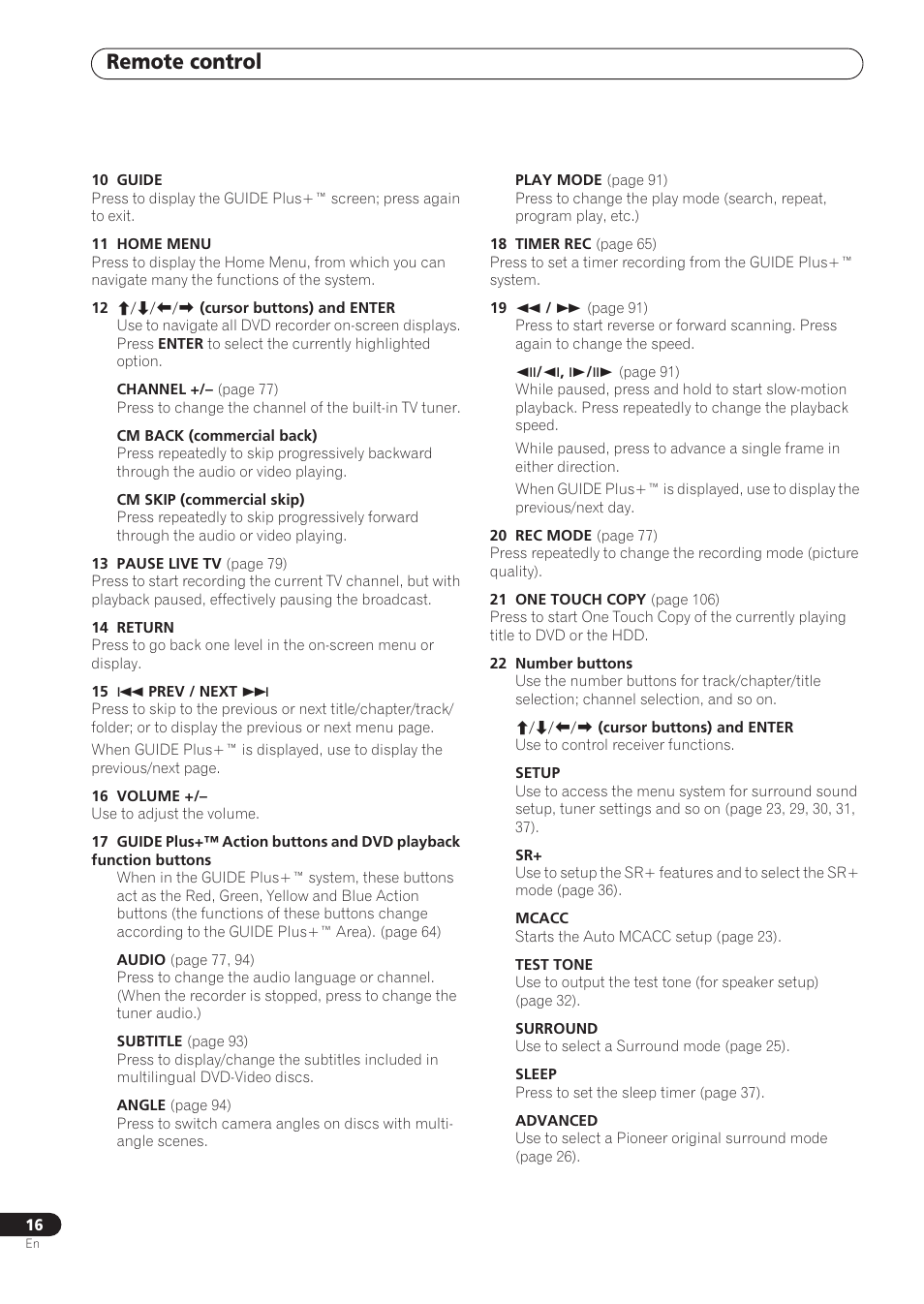 Remote control | Pioneer RCS-606H User Manual | Page 16 / 152