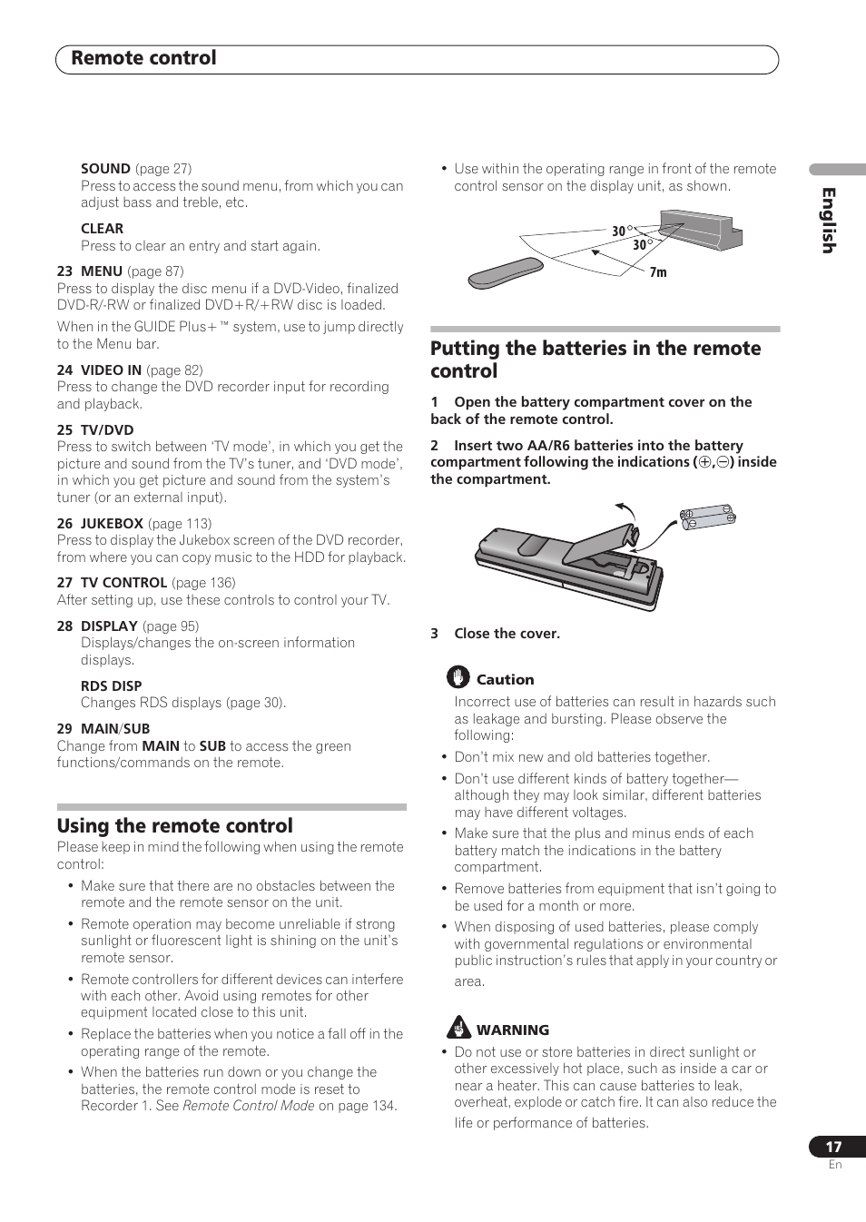 Remote control, Using the remote control, Putting the batteries in the remote control | English | Pioneer RCS-606H User Manual | Page 17 / 152