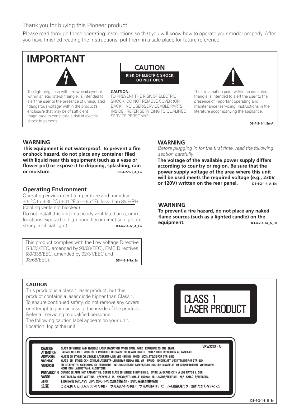 Important, Caution, Warning | Operating environment | Pioneer RCS-606H User Manual | Page 2 / 152