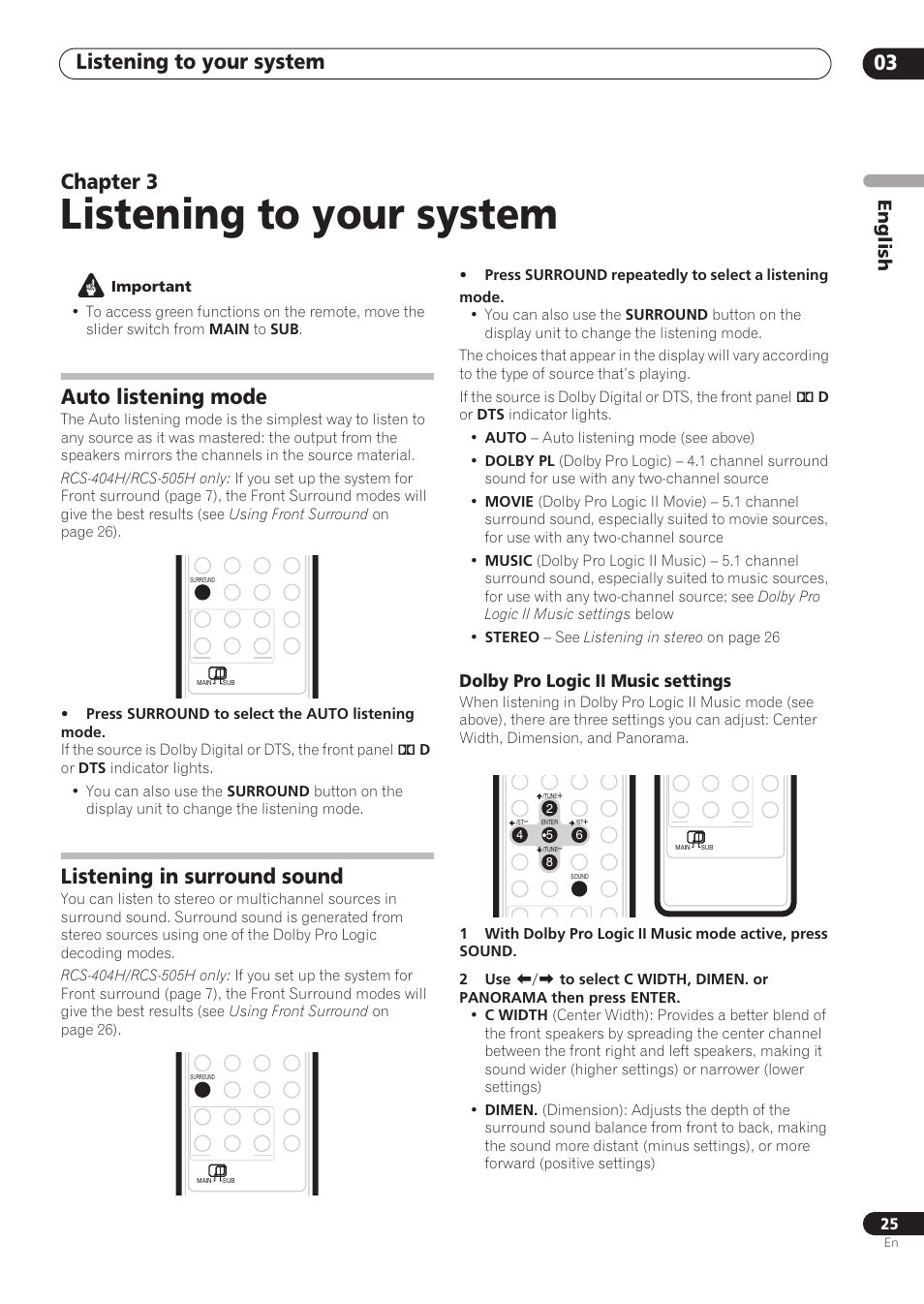 Listening to your system, Listening to your system 03, Chapter 3 | Auto listening mode, Listening in surround sound, English, Dolby pro logic ii music settings | Pioneer RCS-606H User Manual | Page 25 / 152
