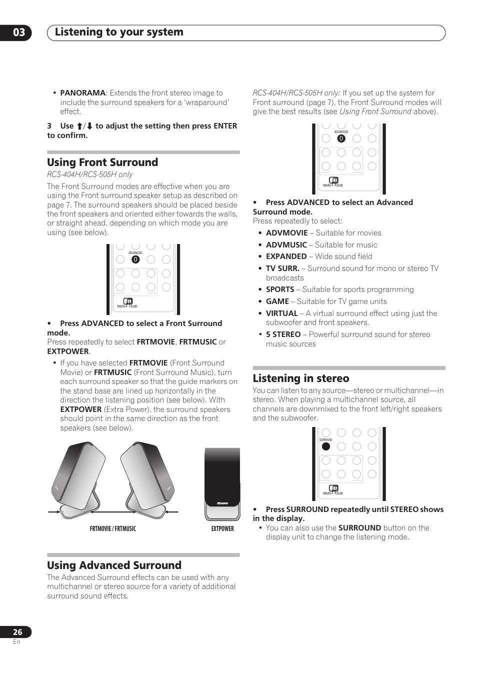 Listening to your system 03, Using front surround, Using advanced surround | Listening in stereo | Pioneer RCS-606H User Manual | Page 26 / 152