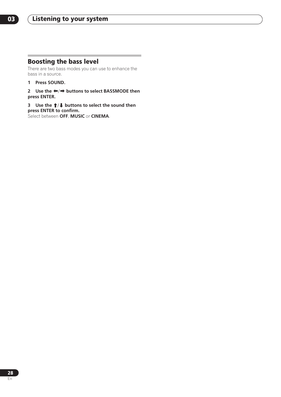 Listening to your system 03, Boosting the bass level | Pioneer RCS-606H User Manual | Page 28 / 152
