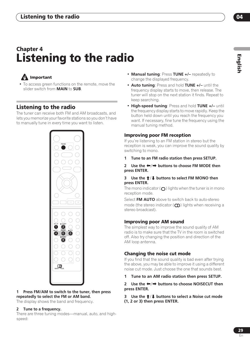 Listening to the radio, Listening to the radio 04, Chapter 4 | English, Improving poor fm reception, Improving poor am sound, Changing the noise cut mode | Pioneer RCS-606H User Manual | Page 29 / 152