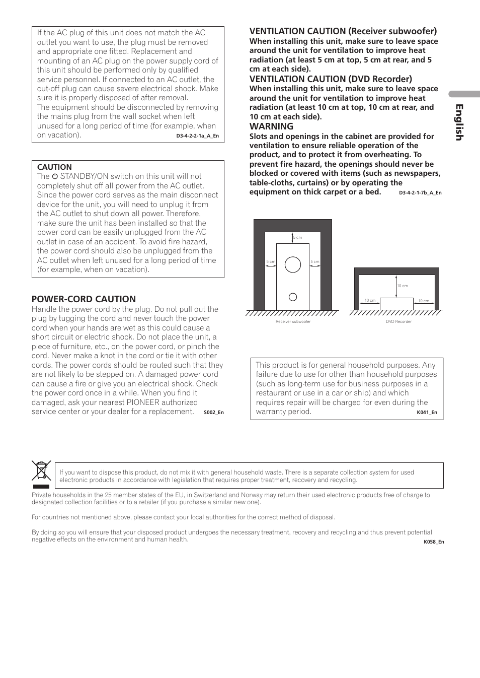 English, Ventilation caution (receiver subwoofer), Ventilation caution (dvd recorder) | Warning, Power-cord caution | Pioneer RCS-606H User Manual | Page 3 / 152
