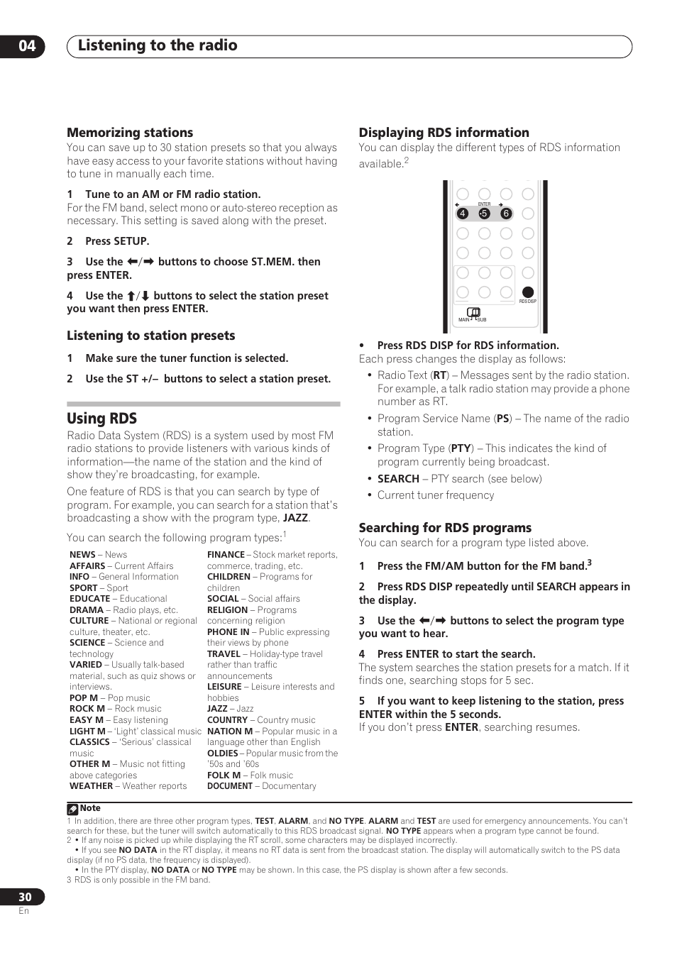 Listening to the radio 04, Using rds, Listening to station presets | Displaying rds information, Searching for rds programs | Pioneer RCS-606H User Manual | Page 30 / 152