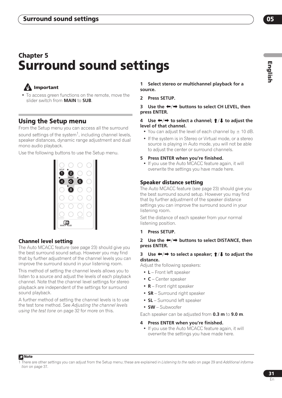 Surround sound settings, Surround sound settings 05, Chapter 5 | Using the setup menu, English, Channel level setting, Speaker distance setting | Pioneer RCS-606H User Manual | Page 31 / 152
