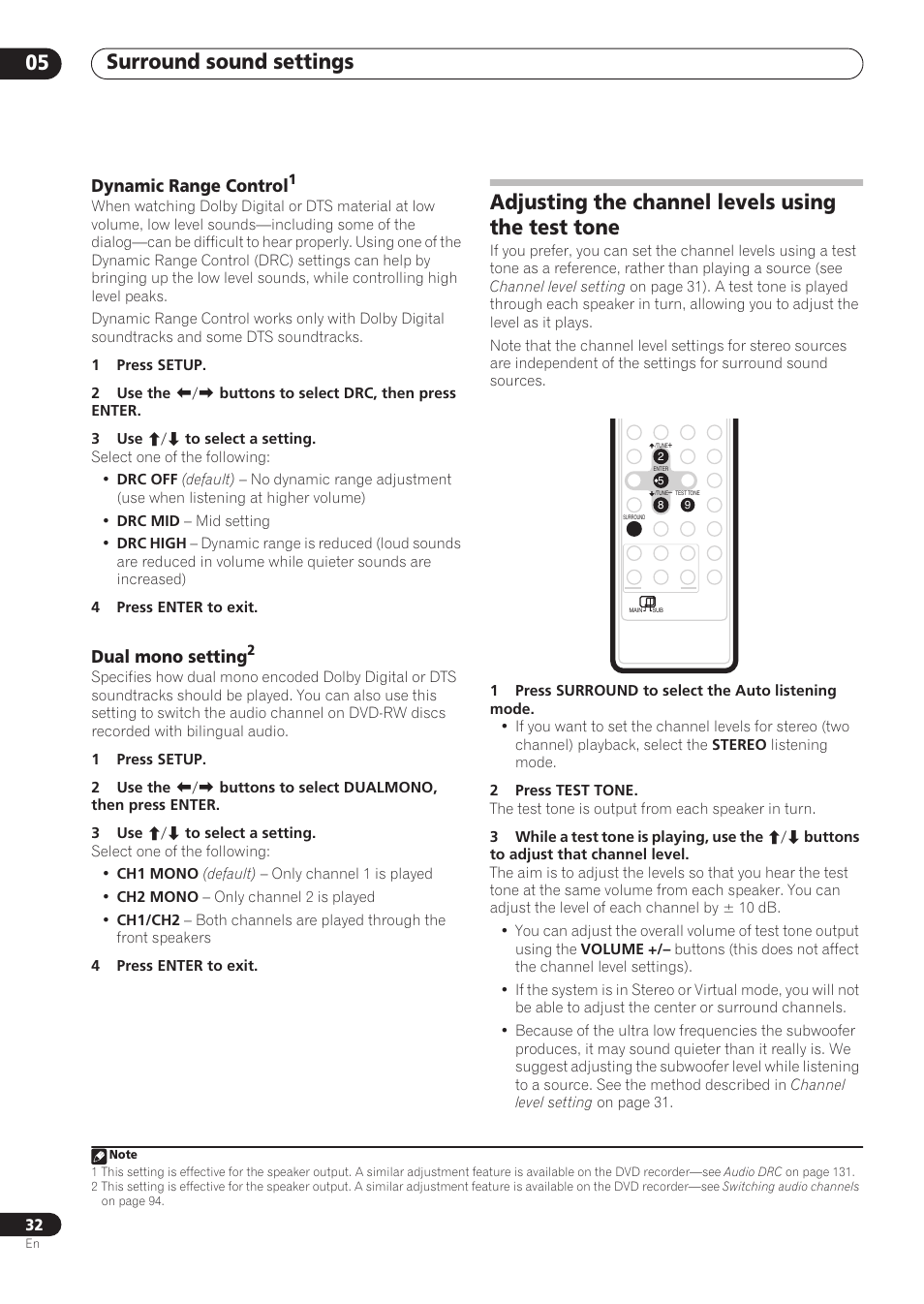 Surround sound settings 05, Adjusting the channel levels using the test tone, Dynamic range control | Dual mono setting | Pioneer RCS-606H User Manual | Page 32 / 152
