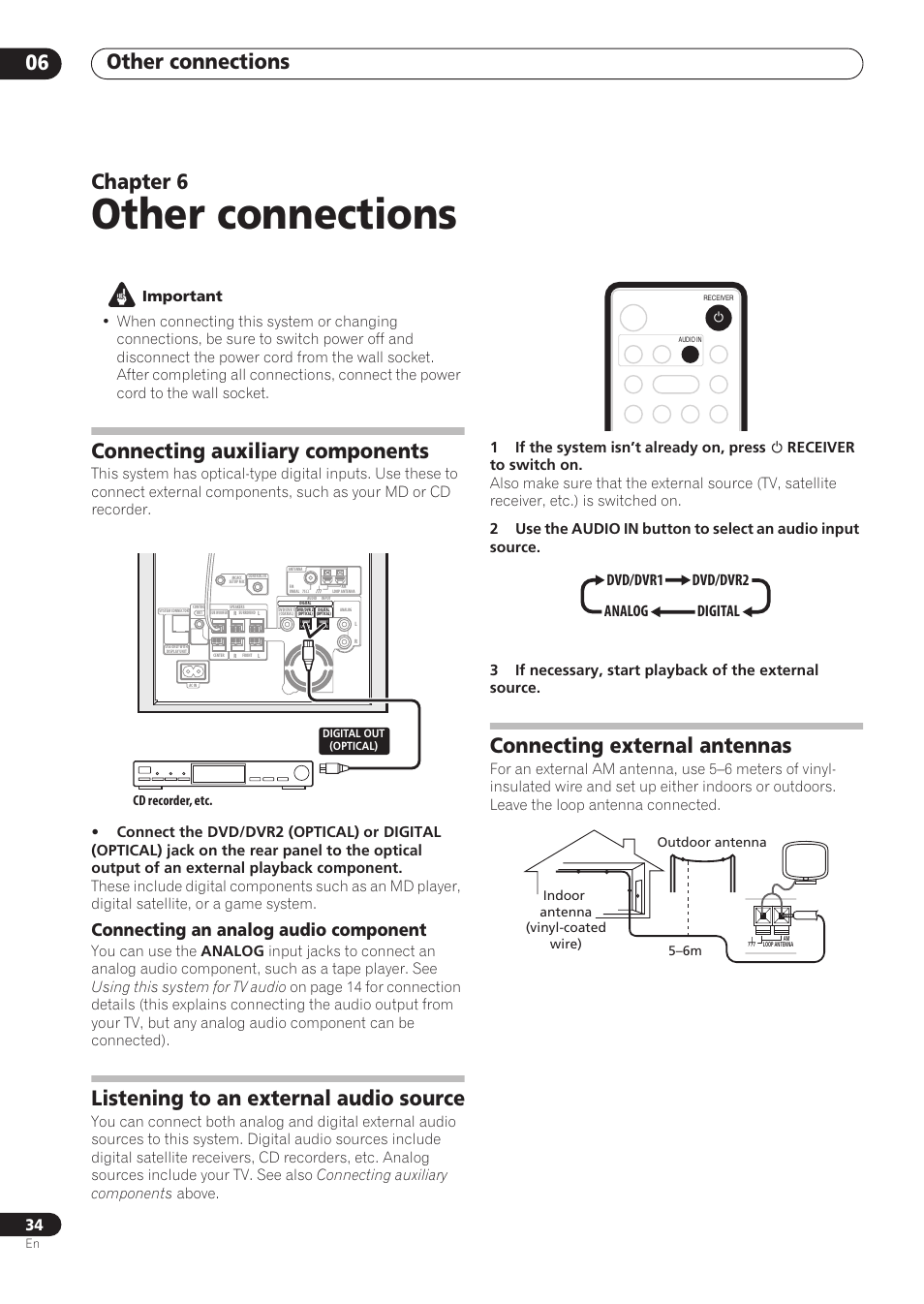 Other connections, Other connections 06, Chapter 6 | Connecting auxiliary components, Listening to an external audio source, Connecting external antennas, Connecting an analog audio component, Dvd/dvr2 analog digital dvd/dvr1 | Pioneer RCS-606H User Manual | Page 34 / 152
