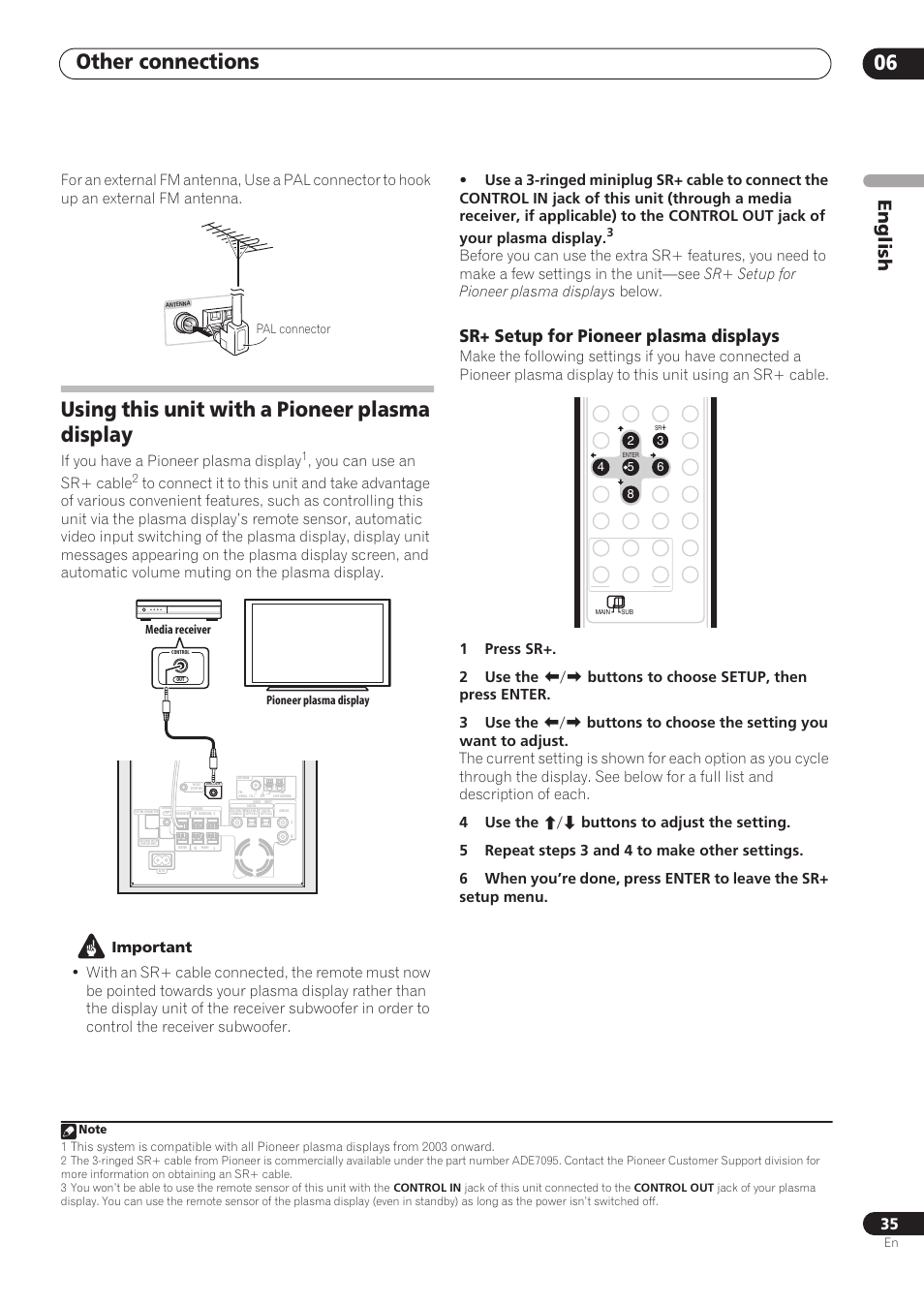 Other connections 06, Using this unit with a pioneer plasma display, English | Sr+ setup for pioneer plasma displays, If you have a pioneer plasma display, You can use an sr+ cable | Pioneer RCS-606H User Manual | Page 35 / 152