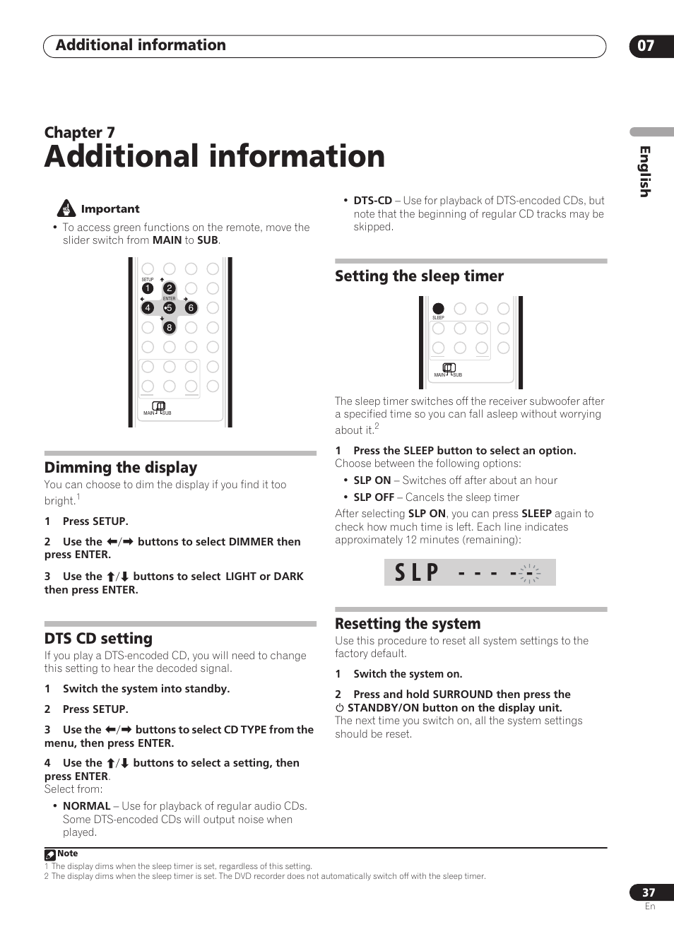 Additional information, S l p, Additional information 07 | Chapter 7, Dimming the display, Dts cd setting, Setting the sleep timer, Resetting the system, English | Pioneer RCS-606H User Manual | Page 37 / 152