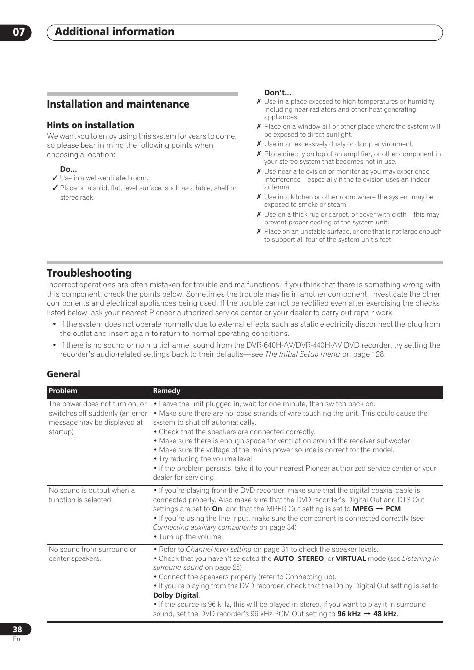 Additional information 07, Installation and maintenance, Troubleshooting | Pioneer RCS-606H User Manual | Page 38 / 152