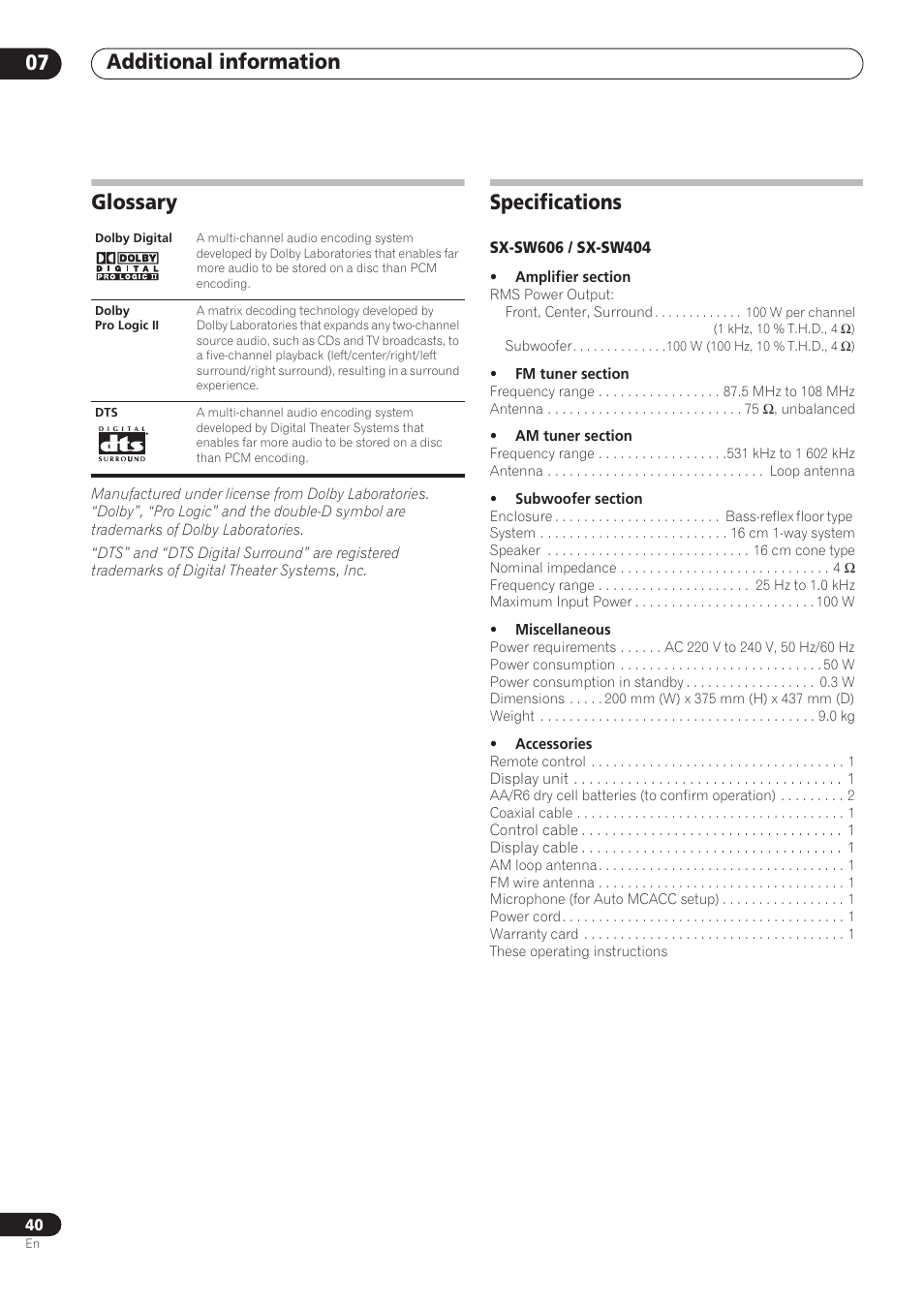 Additional information 07, Glossary, Specifications | Pioneer RCS-606H User Manual | Page 40 / 152