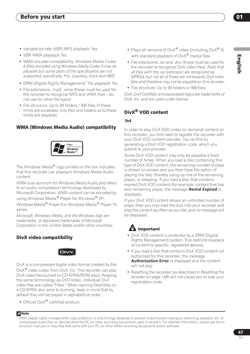 Before you start 01, English | Pioneer RCS-606H User Manual | Page 47 / 152