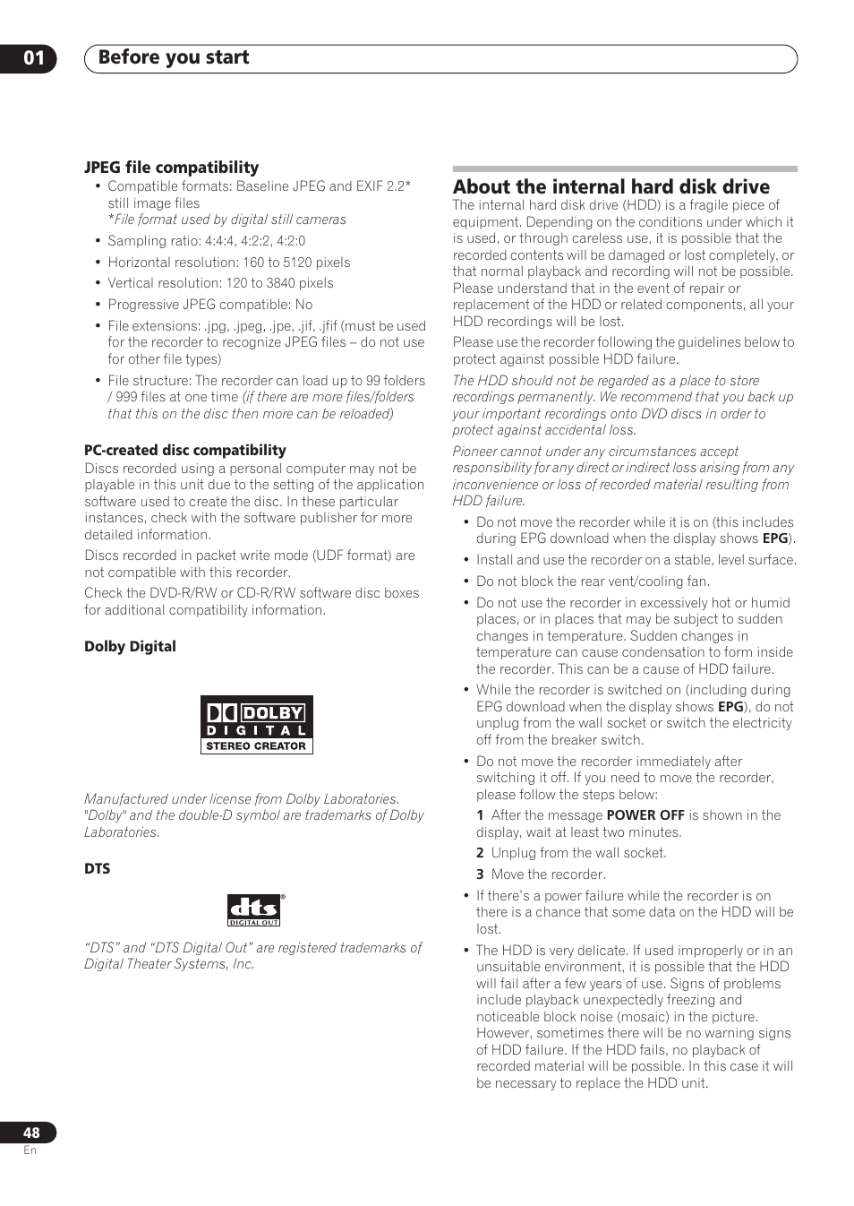 Before you start 01, About the internal hard disk drive | Pioneer RCS-606H User Manual | Page 48 / 152
