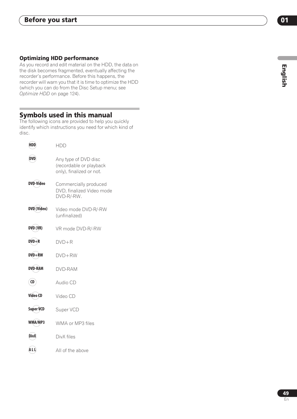 Before you start 01, Symbols used in this manual, English | Pioneer RCS-606H User Manual | Page 49 / 152
