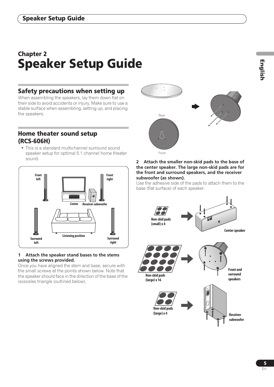 Speaker setup guide, Chapter 2, Safety precautions when setting up | Home theater sound setup (rcs-606h), English | Pioneer RCS-606H User Manual | Page 5 / 152