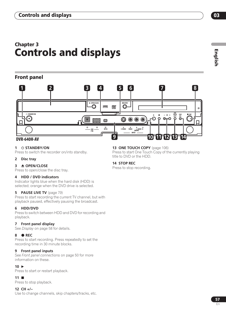 Controls and displays, Controls and displays 03, Chapter 3 | Front panel, Dvr-640h-av, English | Pioneer RCS-606H User Manual | Page 57 / 152