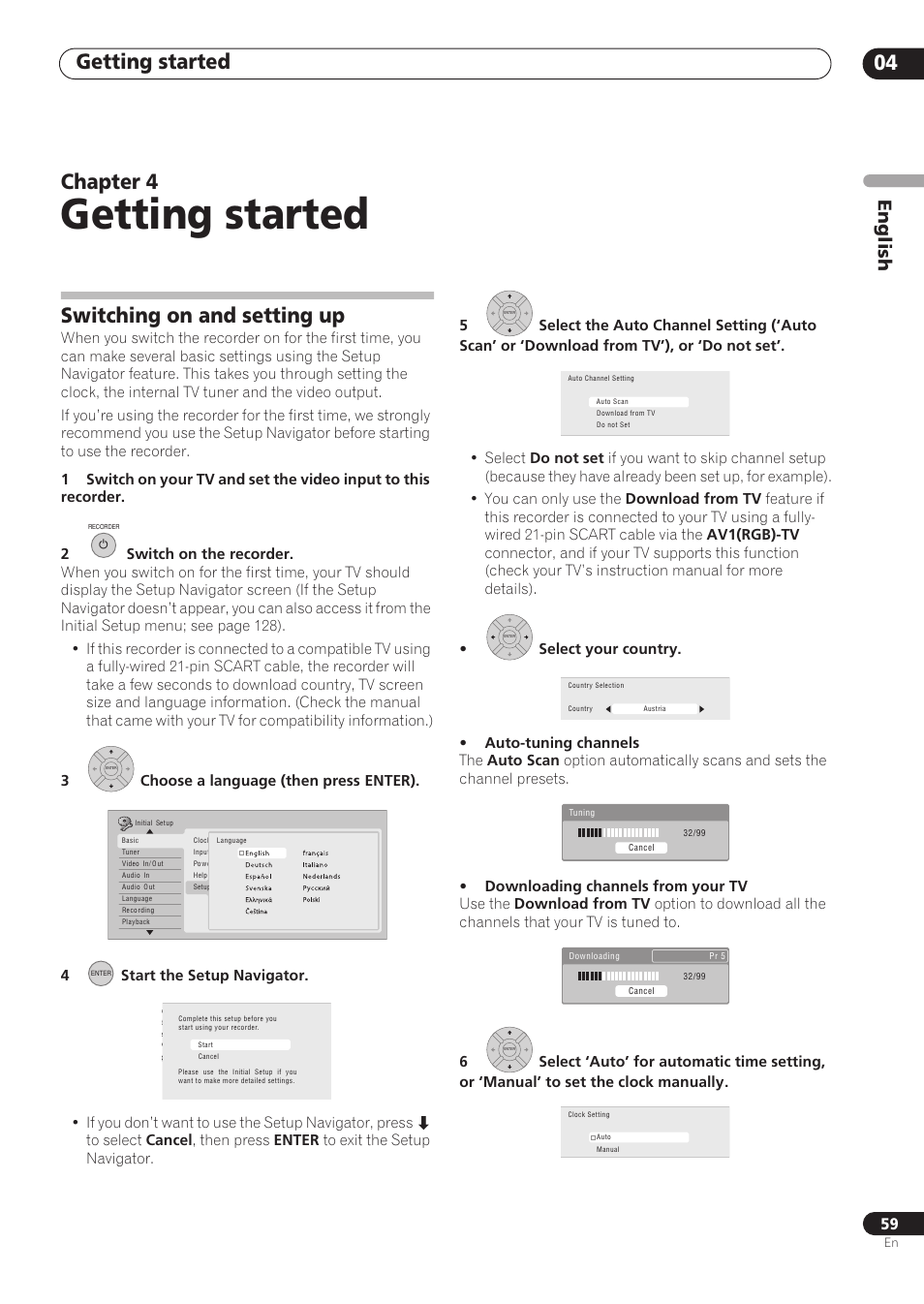 Getting started, Getting started 04, Chapter 4 | Switching on and setting up, English | Pioneer RCS-606H User Manual | Page 59 / 152