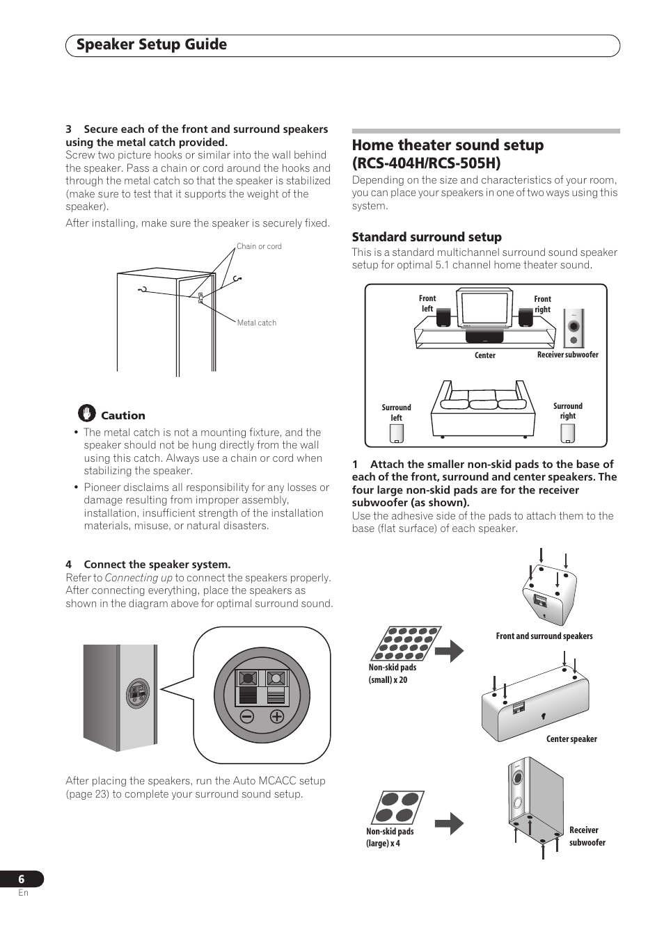 Speaker setup guide, Standard surround setup | Pioneer RCS-606H User Manual | Page 6 / 152