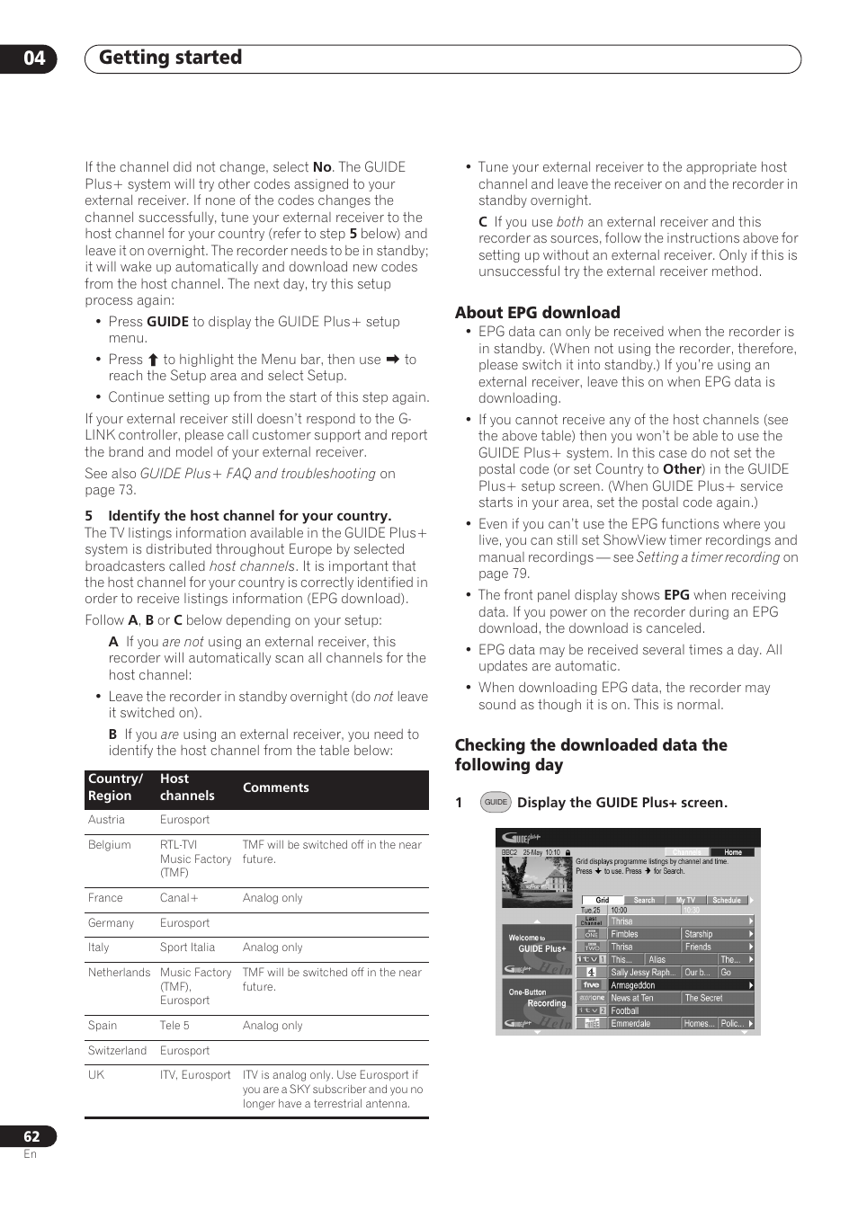 Getting started 04, About epg download, Checking the downloaded data the following day | Pioneer RCS-606H User Manual | Page 62 / 152