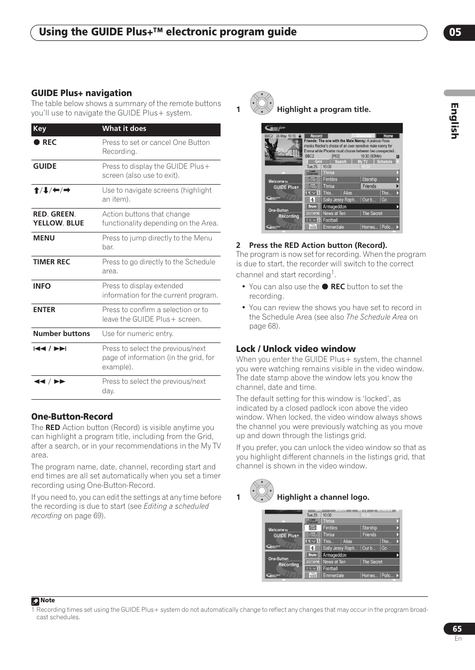 Using the guide plus+™ electronic program guide 05, English, Guide plus+ navigation | One-button-record, Lock / unlock video window | Pioneer RCS-606H User Manual | Page 65 / 152