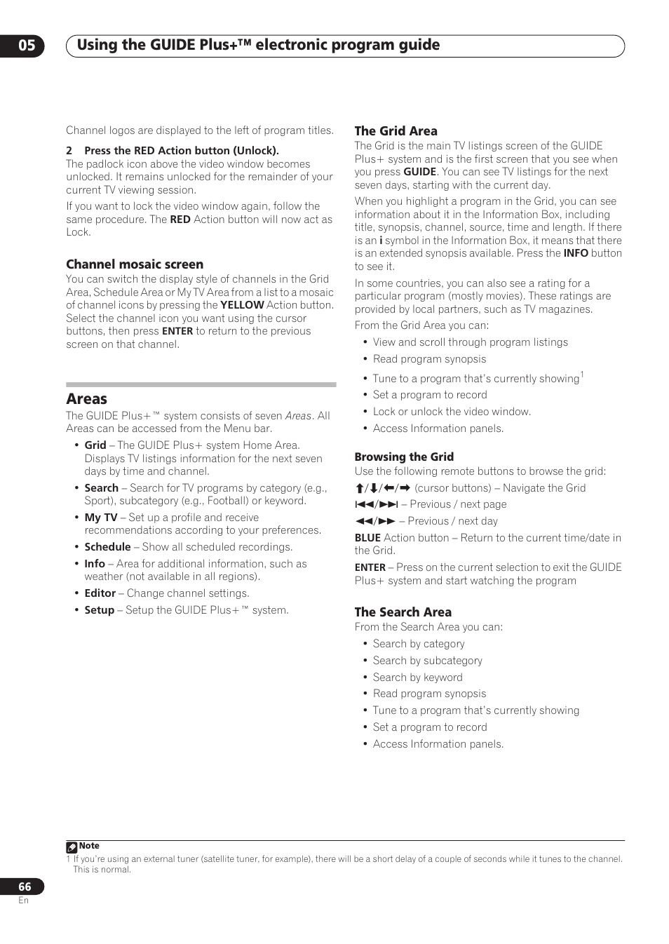 Using the guide plus+™ electronic program guide 05, Areas | Pioneer RCS-606H User Manual | Page 66 / 152