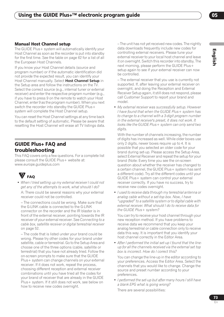 Using the guide plus+™ electronic program guide 05, Guide plus+ faq and troubleshooting | Pioneer RCS-606H User Manual | Page 73 / 152
