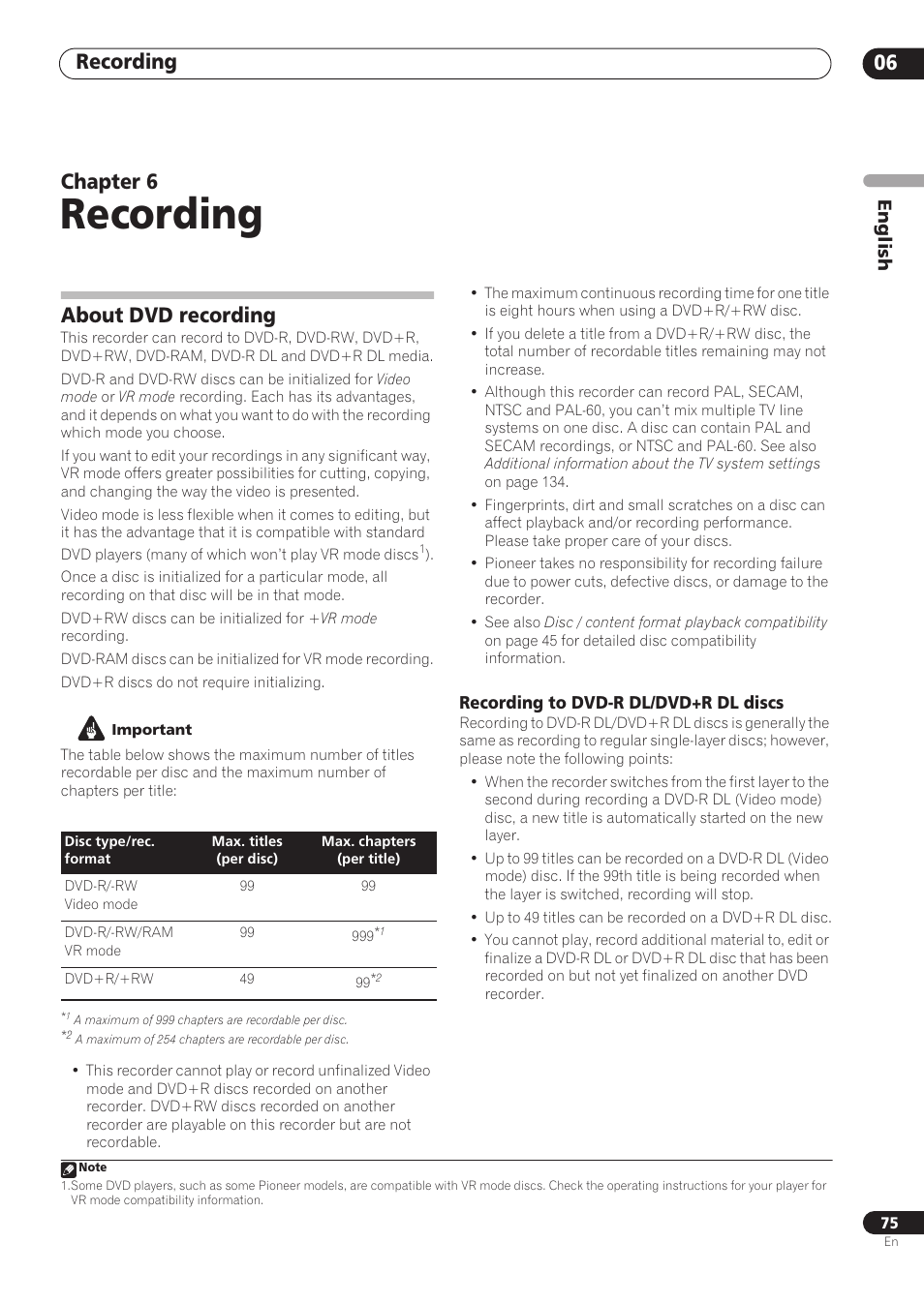 Recording, Recording 06, Chapter 6 | About dvd recording, English | Pioneer RCS-606H User Manual | Page 75 / 152