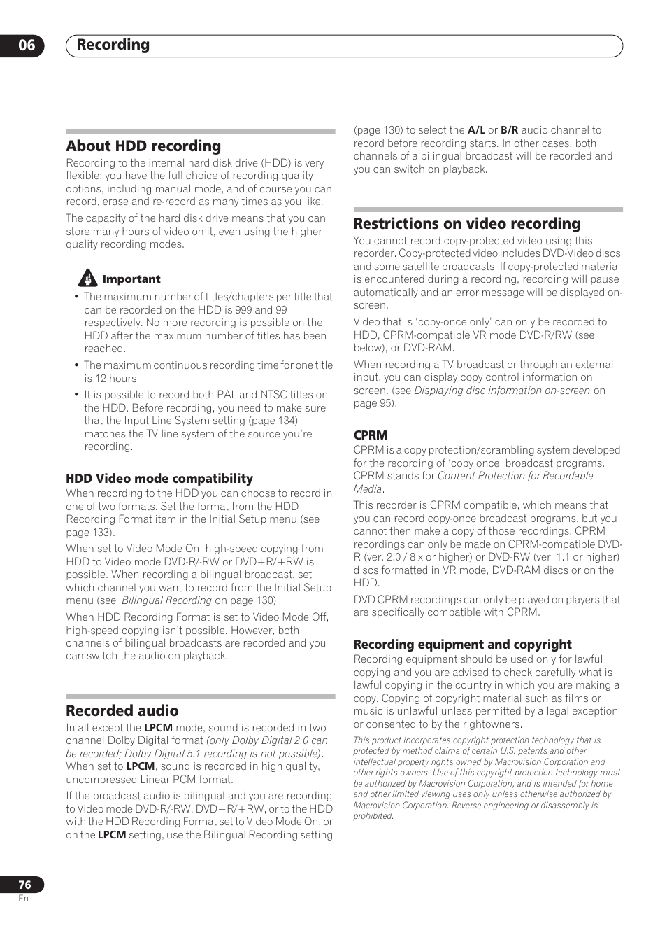 Recording 06, About hdd recording, Recorded audio | Restrictions on video recording | Pioneer RCS-606H User Manual | Page 76 / 152