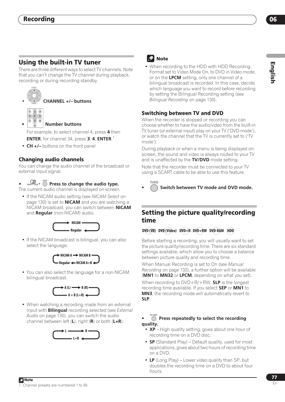 Recording 06, Using the built-in tv tuner, Setting the picture quality/recording time | English, Changing audio channels, Switching between tv and dvd | Pioneer RCS-606H User Manual | Page 77 / 152