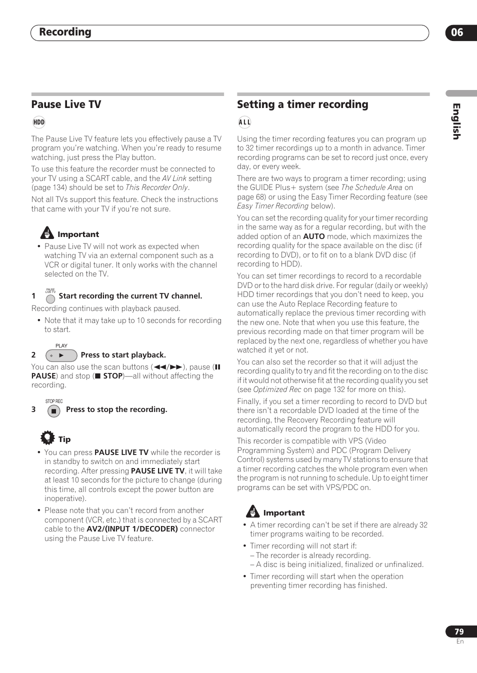 Recording 06, Pause live tv, Setting a timer recording | English | Pioneer RCS-606H User Manual | Page 79 / 152