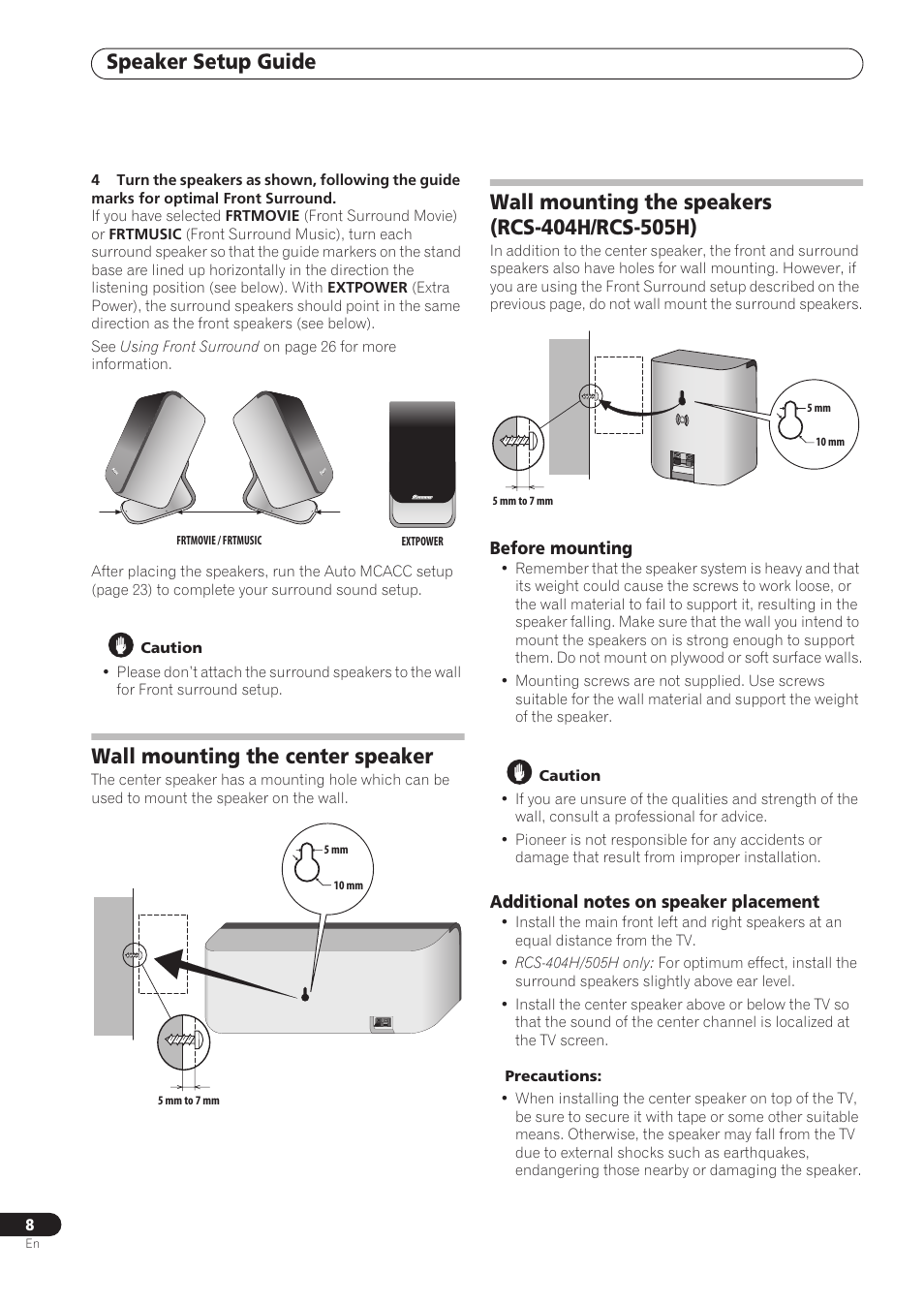 Speaker setup guide, Wall mounting the center speaker | Pioneer RCS-606H User Manual | Page 8 / 152