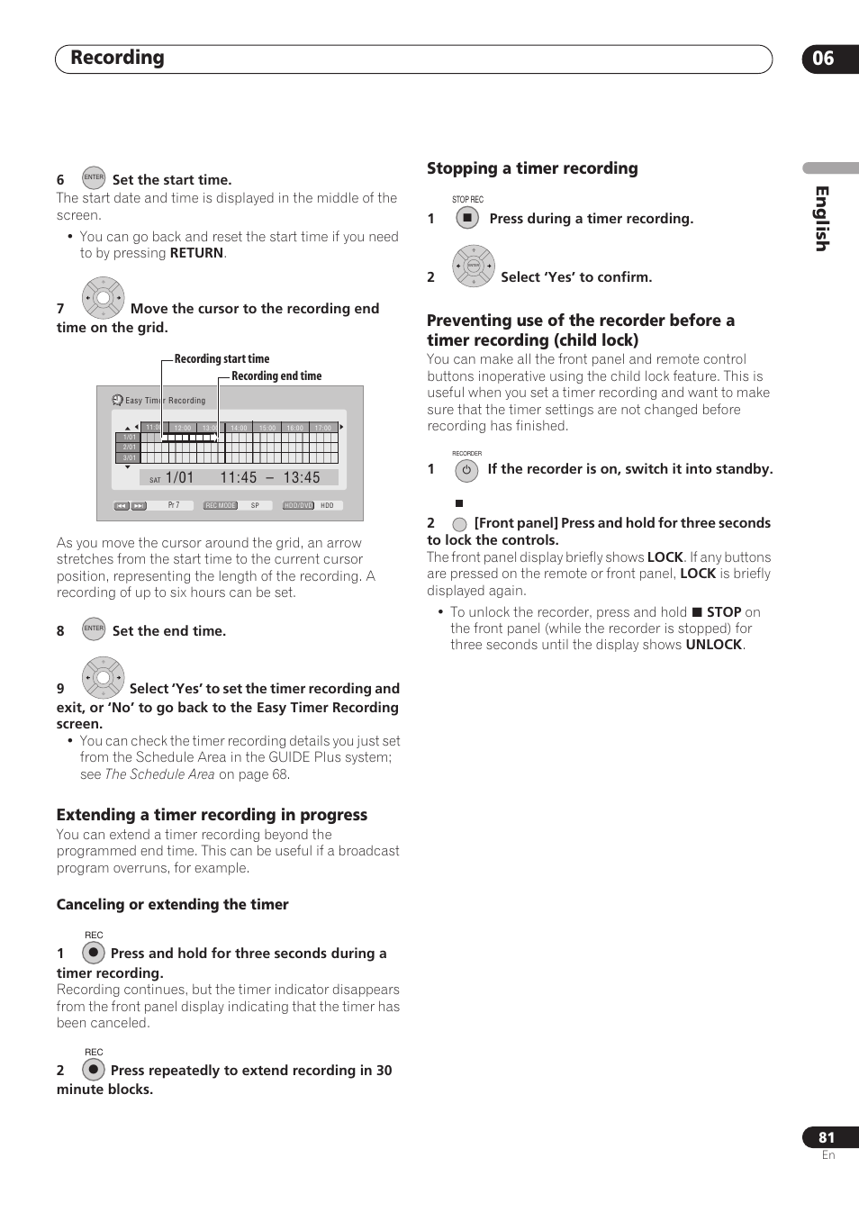 Recording 06, English, Extending a timer recording in progress | Stopping a timer recording | Pioneer RCS-606H User Manual | Page 81 / 152