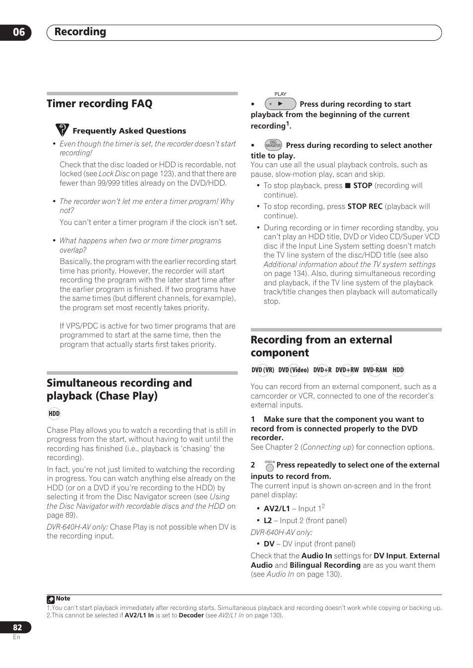 Recording 06, Timer recording faq, Simultaneous recording and playback (chase play) | Recording from an external component | Pioneer RCS-606H User Manual | Page 82 / 152