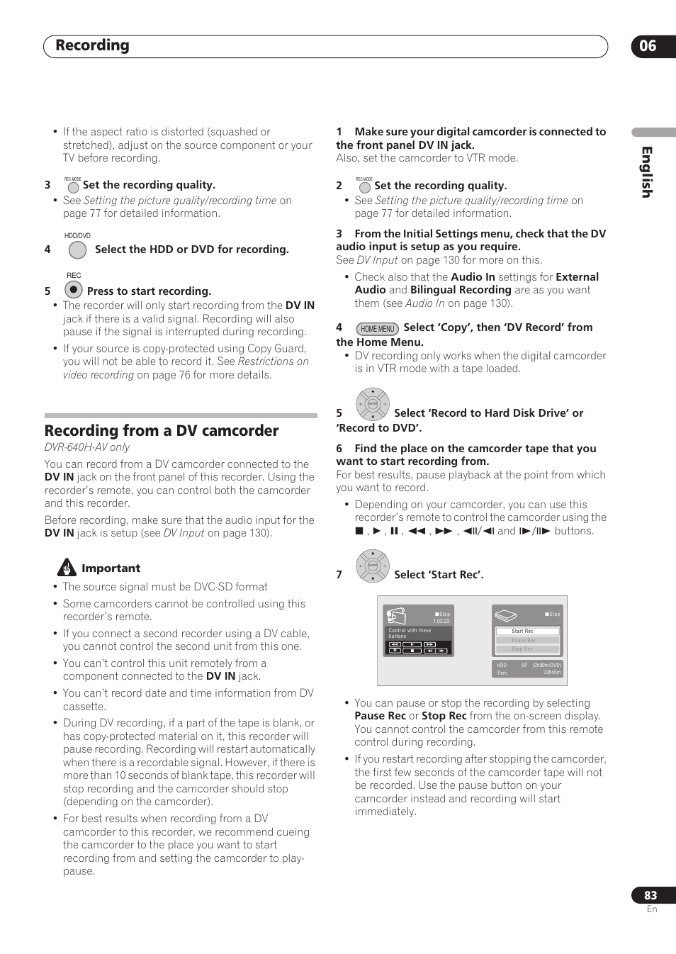 Recording 06, Recording from a dv camcorder, English | Pioneer RCS-606H User Manual | Page 83 / 152