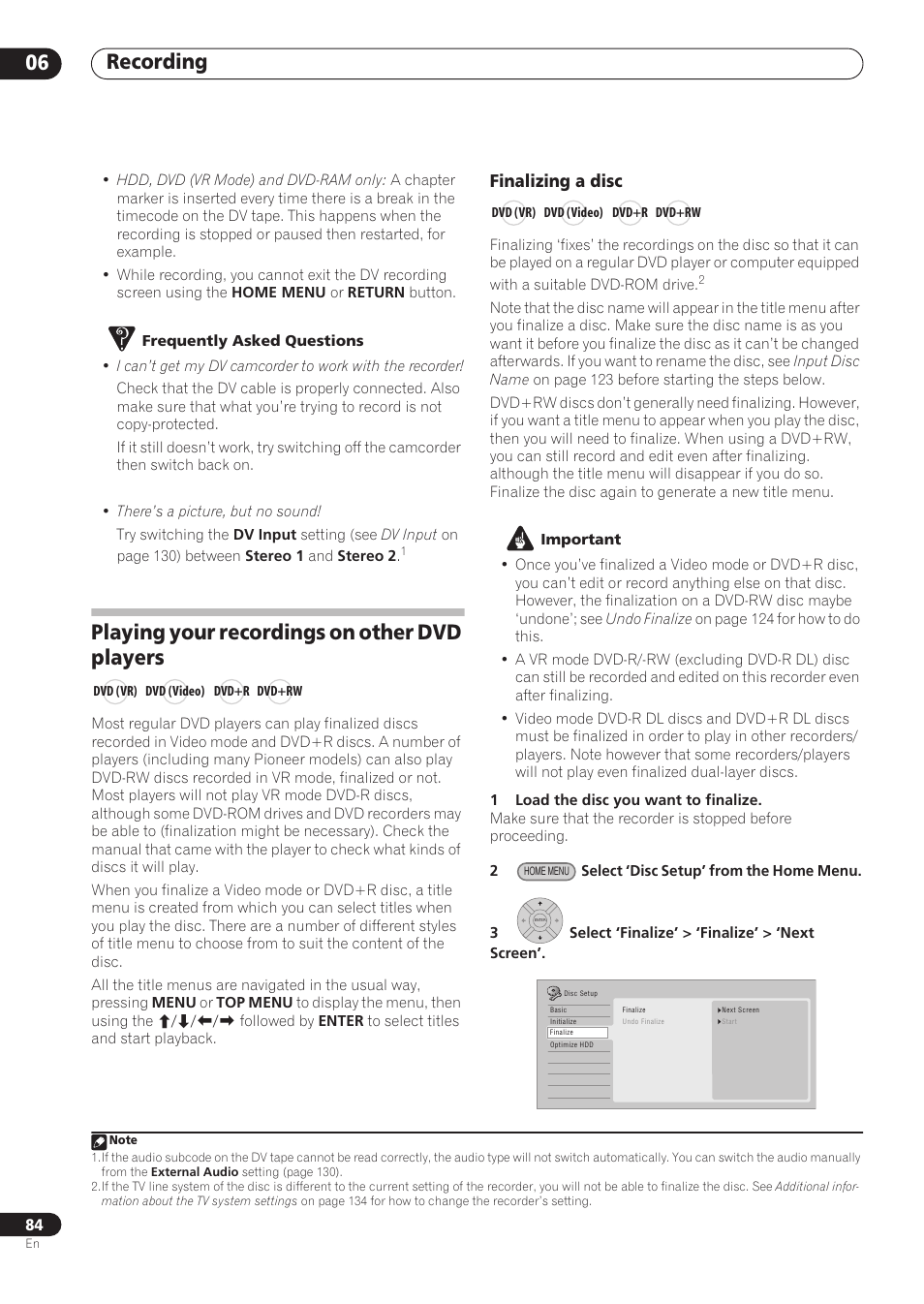 Recording 06, Playing your recordings on other dvd players, Finalizing a disc | Pioneer RCS-606H User Manual | Page 84 / 152