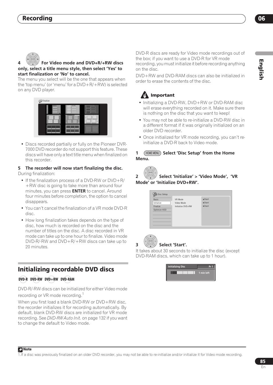 Recording 06, Initializing recordable dvd discs, English | Pioneer RCS-606H User Manual | Page 85 / 152