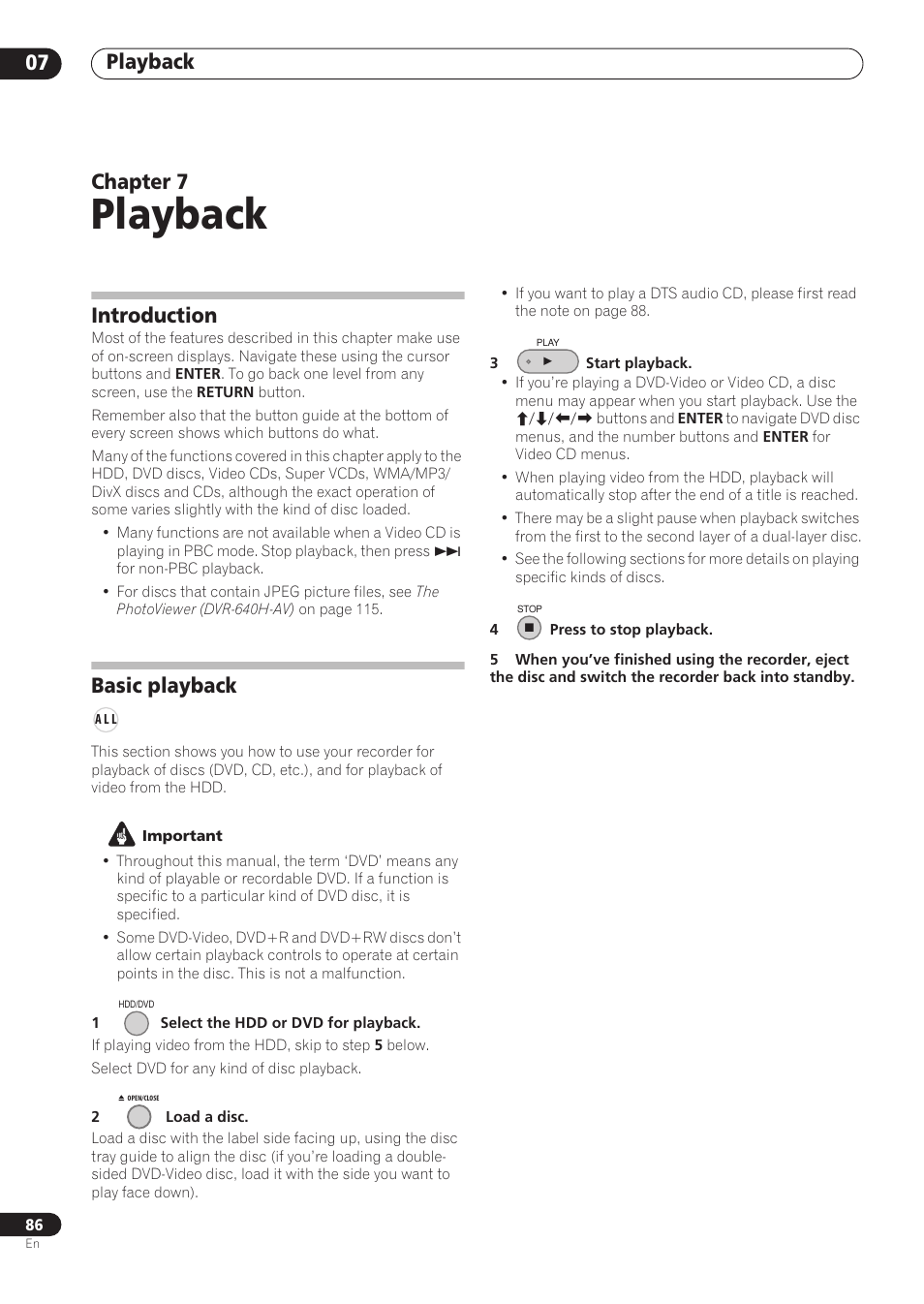 Playback, Playback 07, Chapter 7 | Introduction, Basic playback | Pioneer RCS-606H User Manual | Page 86 / 152