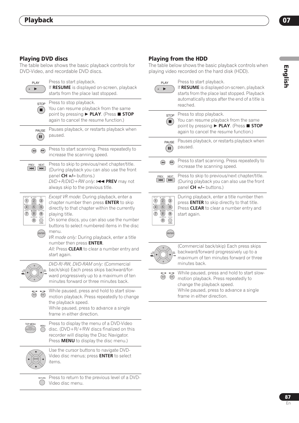 Playback 07, English, Playing dvd discs | Playing from the hdd | Pioneer RCS-606H User Manual | Page 87 / 152