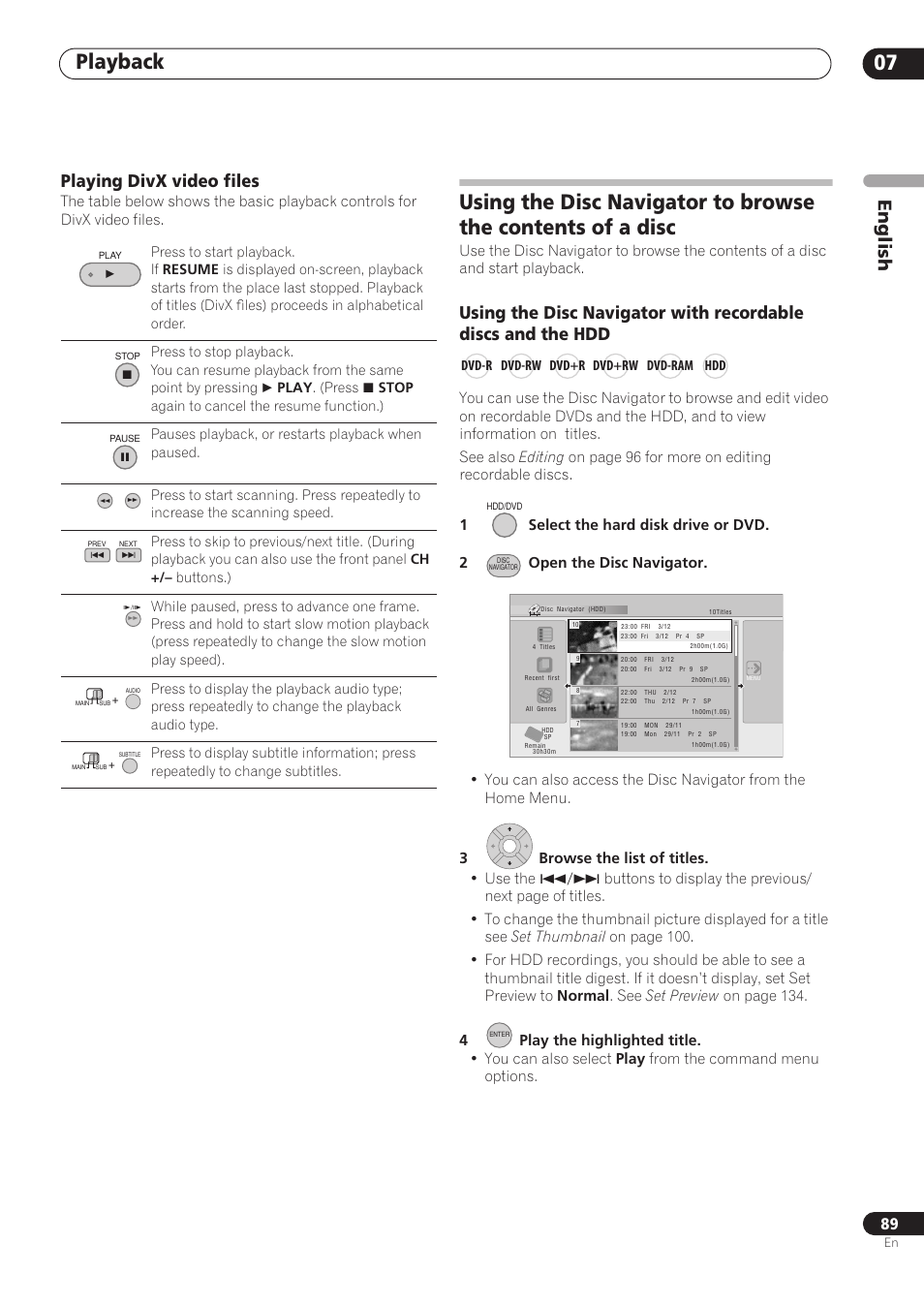 Playback 07, English, Playing divx video files | Pioneer RCS-606H User Manual | Page 89 / 152