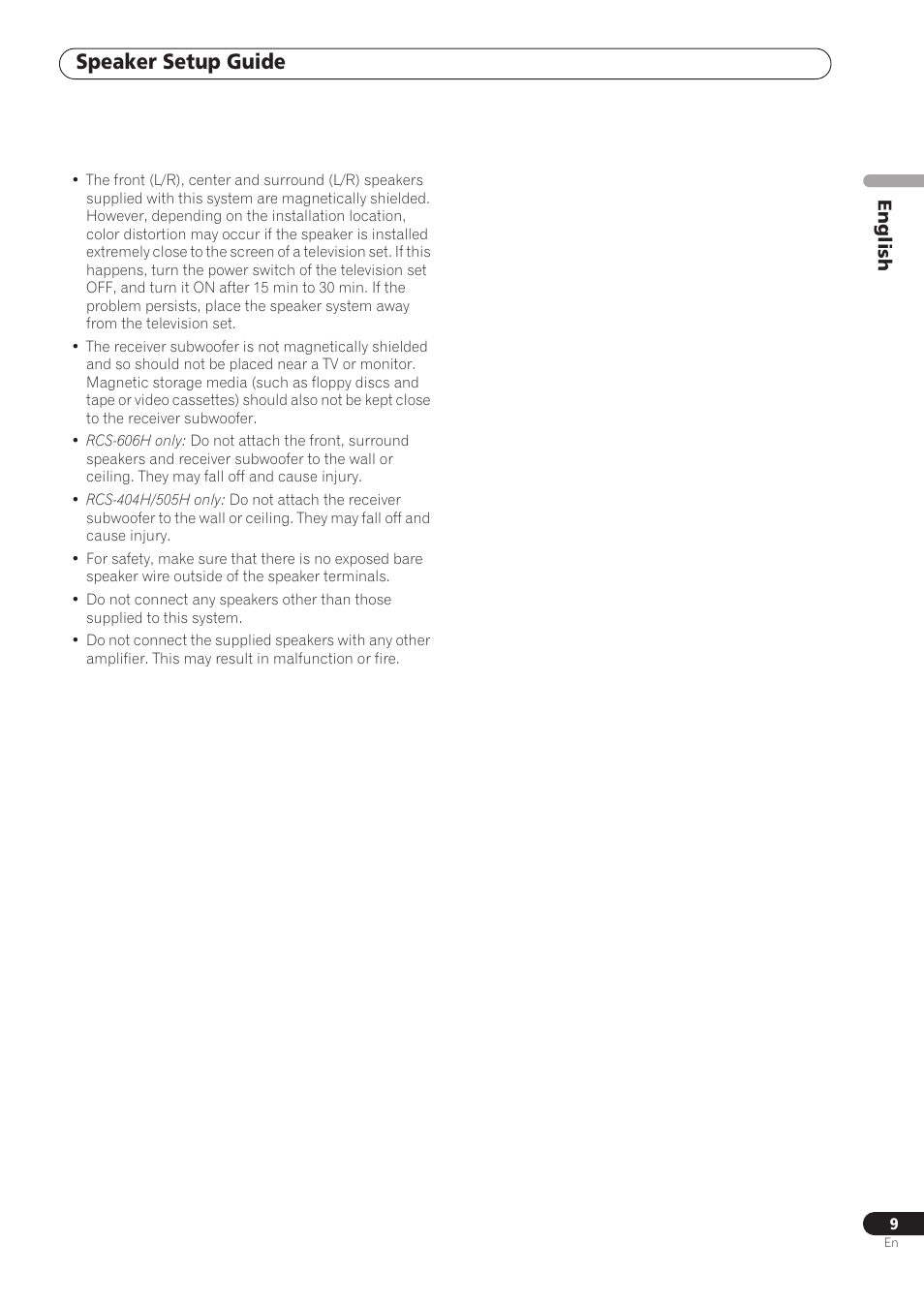 Speaker setup guide, English | Pioneer RCS-606H User Manual | Page 9 / 152