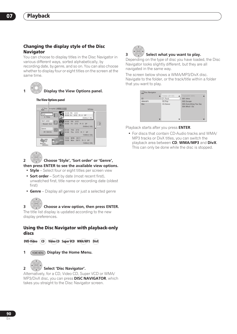 Playback 07, Changing the display style of the disc navigator, Using the disc navigator with playback-only discs | The view options panel, Dvd-video cd video cd super vcd wma/mp3 divx | Pioneer RCS-606H User Manual | Page 90 / 152