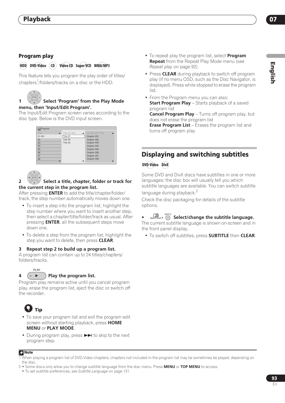 Playback 07, Displaying and switching subtitles, English | Program play | Pioneer RCS-606H User Manual | Page 93 / 152