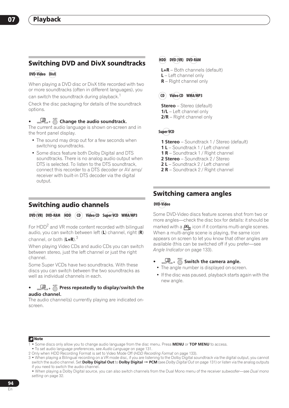 Playback 07, Switching dvd and divx soundtracks, Switching audio channels | Switching camera angles | Pioneer RCS-606H User Manual | Page 94 / 152