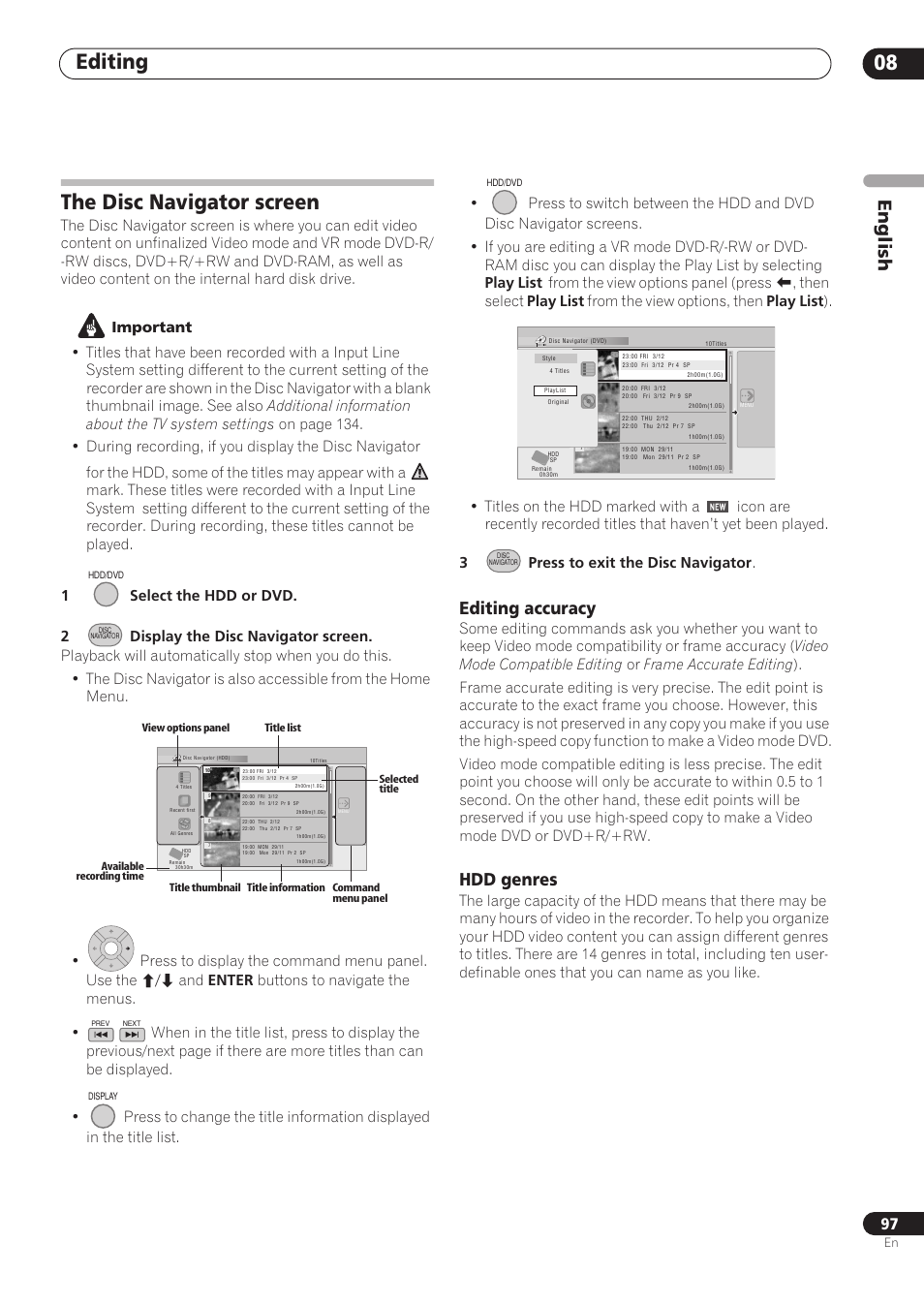 Editing 08, The disc navigator screen, English | Editing accuracy, Hdd genres | Pioneer RCS-606H User Manual | Page 97 / 152