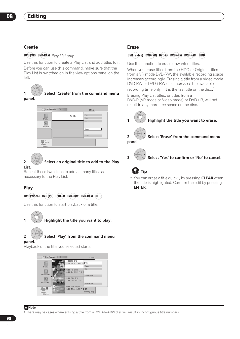 Editing 08, Create, Play | Erase, Dvd (vr) dvd-ram, Dvd (video) dvd (vr) dvd+r dvd+rw dvd-ram hdd | Pioneer RCS-606H User Manual | Page 98 / 152
