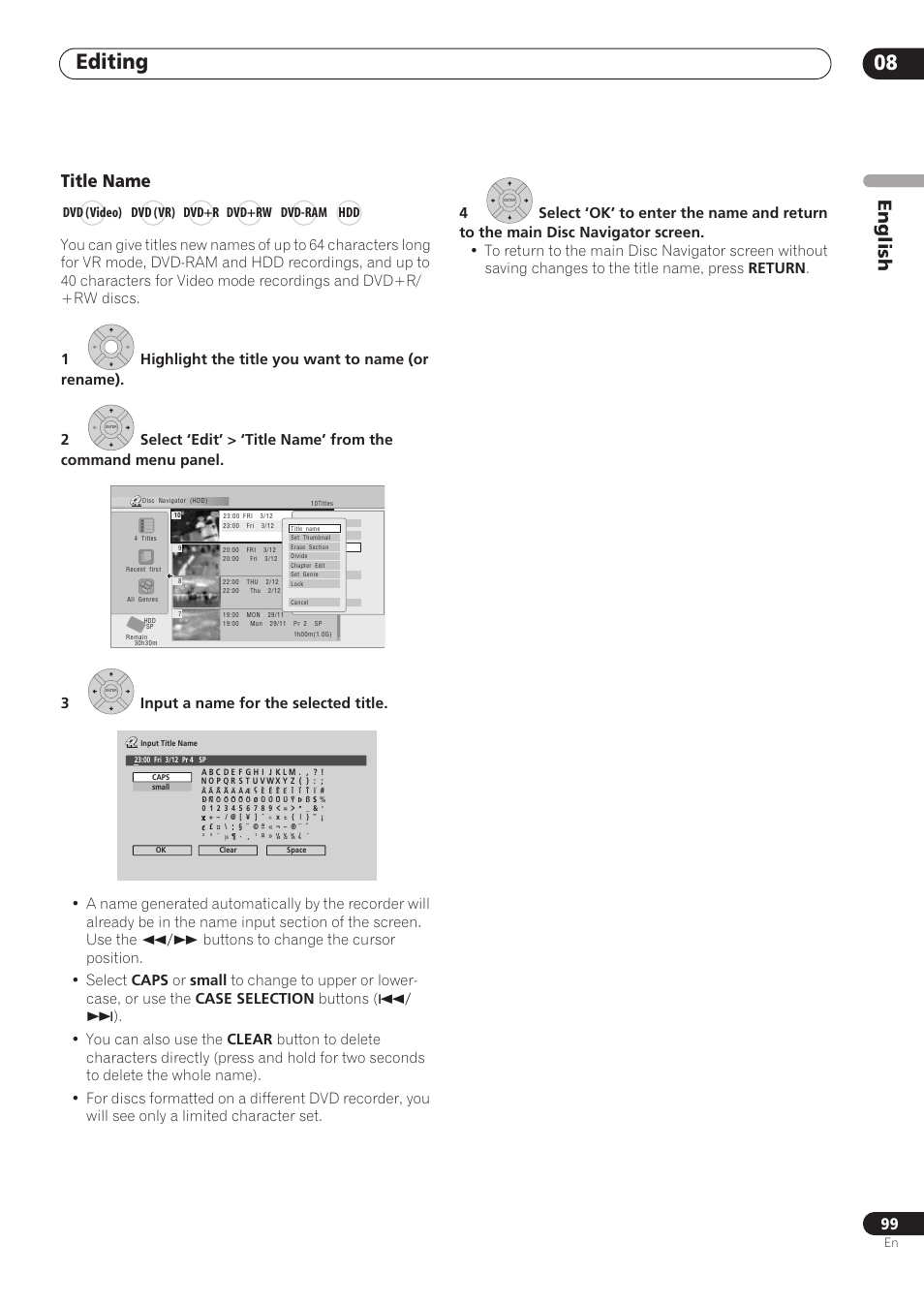 Editing 08, English, Title name | Dvd (video) dvd (vr) dvd+r dvd+rw dvd-ram hdd | Pioneer RCS-606H User Manual | Page 99 / 152