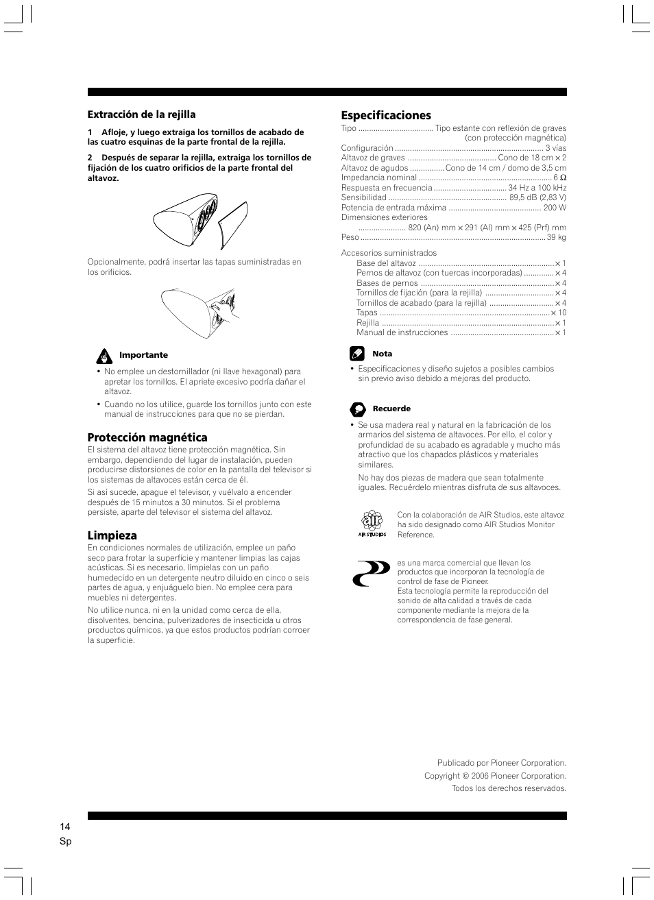 Protección magnética, Limpieza, Especificaciones | Pioneer S-7EX User Manual | Page 14 / 23